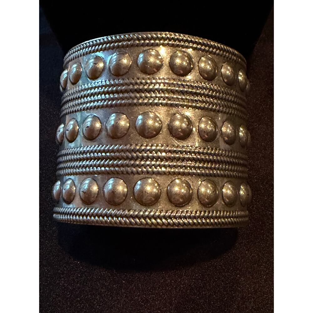 Vintage tribal ethnic cuff bracelet in silver tone fits up to a size 8 wrist